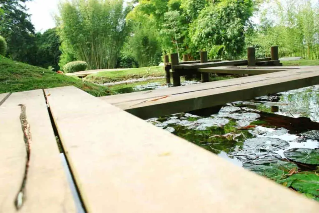 Zen garden pond bridge