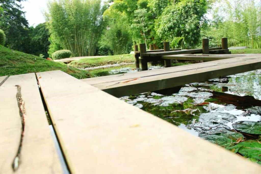 Zen garden pond bridge