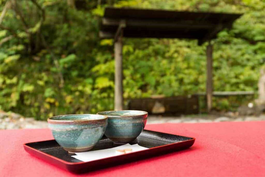 Serving tea in Backyard Japanese tea house
