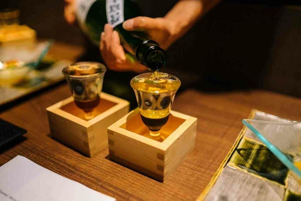 Sake from wooden box in Japan