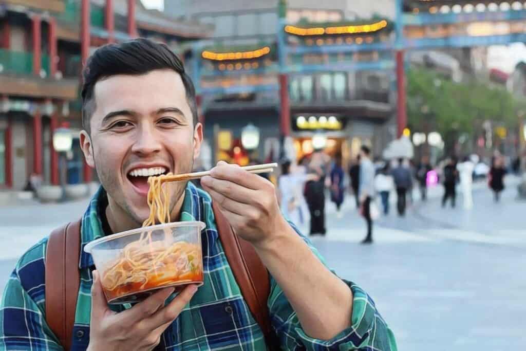 man eating japanese fast food