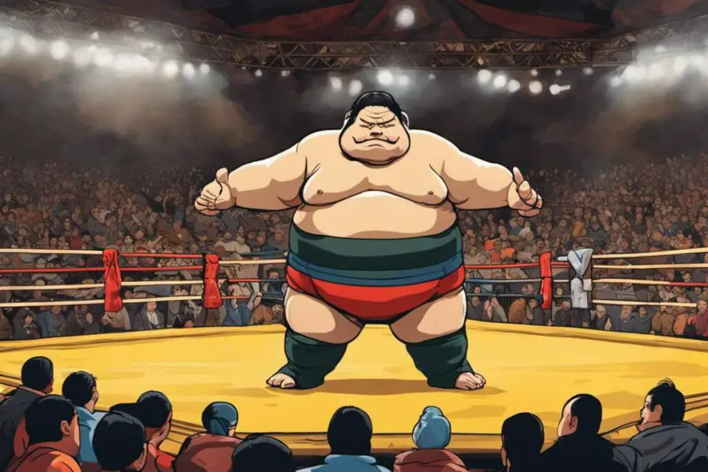 Sumo cartoon image of a wrestler in a ring with a crowd of people watching